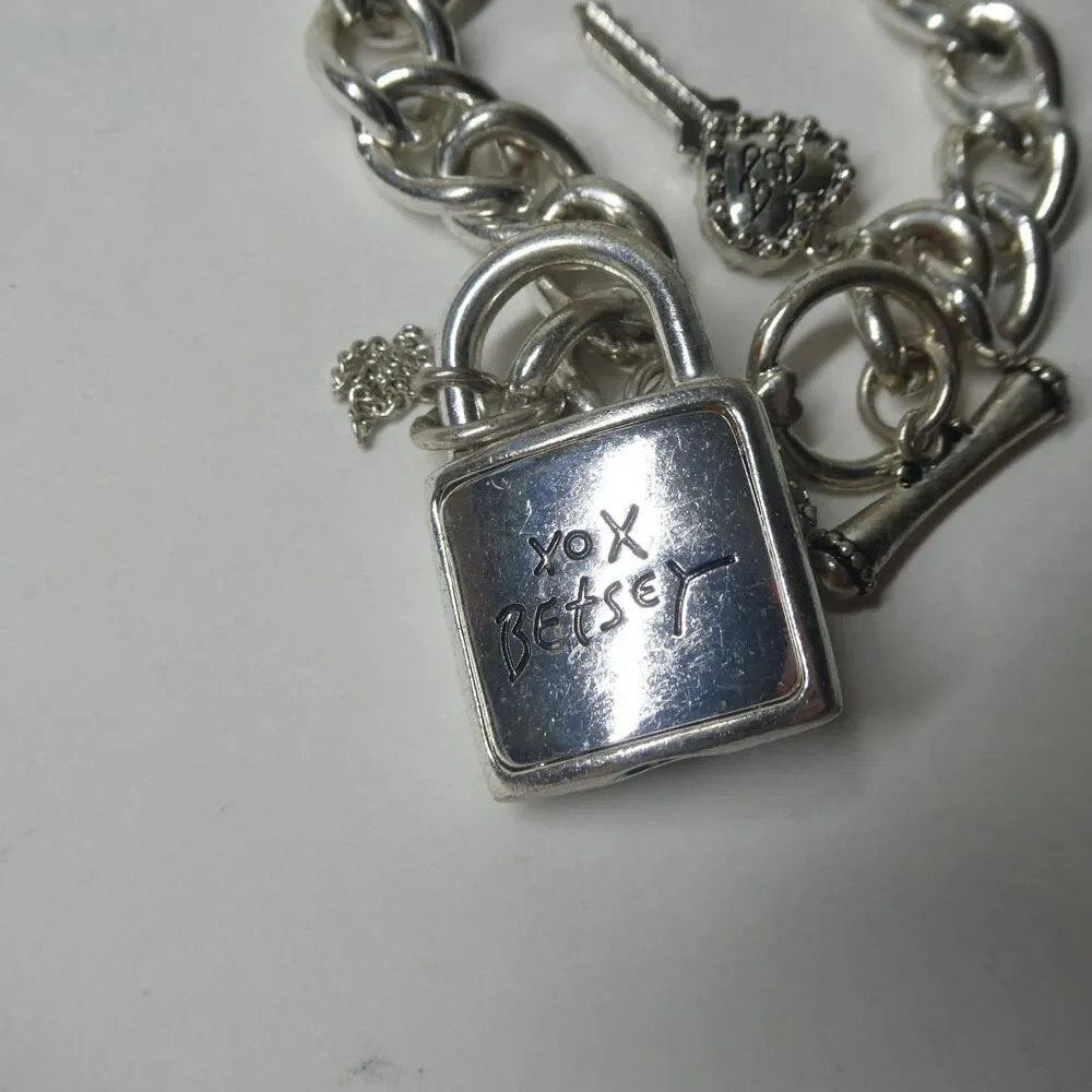 Betsey Johnson Padlock Chain Bracelet Silvertone Rhinestone